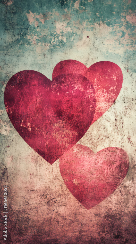 Poster romantic vintage background with three red hearts floating on a grunge textured surface, perfect for