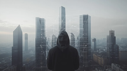 Hacker are planning to hack and attack networks and cyber security systems. Smart Innovation city with connection future wireless digital city and social media networking over the cityscape.