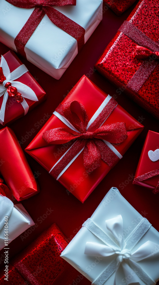 Poster many valentine's day gifts wrapped in red and white paper and tied with ribbons are arranged on a re