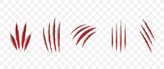 Cat scratch. Realistic set of animal claw marks isolated on transparent background. Red marks of cats tiger lion or wild animals. Flat vector illustration. © KeronnArt