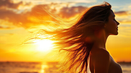 Woman Silhouette Against Golden Sunrise with Tousled Hair