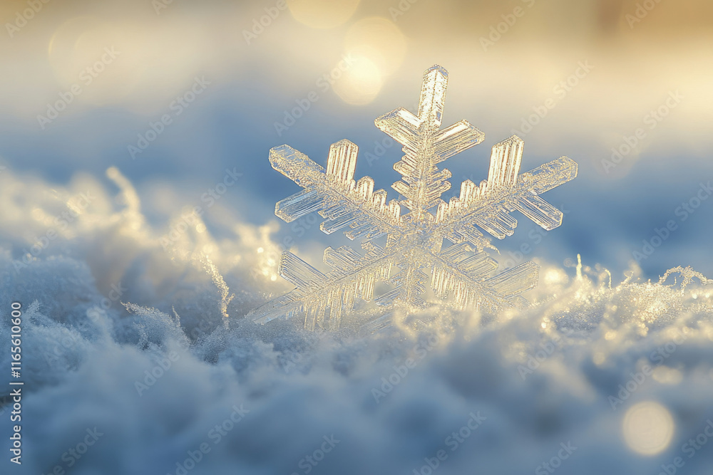 Poster a single, intricate snowflake rests gently on a bed of pristine snow, illuminated by soft sunlight.