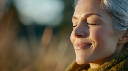 Obraz premium Serene Woman Smiling in Morning Air with Eyes Closed