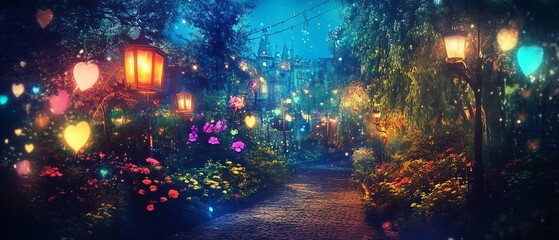 Fototapeta premium Enchanted forest path at night, glowing lanterns and hearts illuminate magical scene. Perfect for fantasy, fairytale, or dreamlike themes.