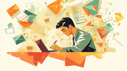 Focused Man Writing Letters Amidst a Storm of Correspondence