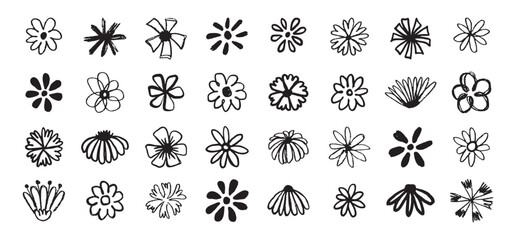 Flowers grunge brush doodle blossom icons set. Flowers Scribble ink hand drawn brush. Chamomile flowers markers crayons icons 