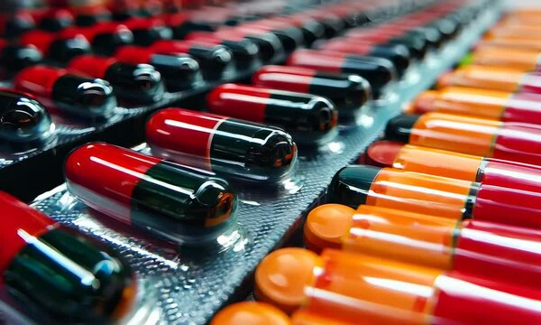 Pile of Red-Black Capsule Pills. Antibiotics Resistance. Drug Use with Reasonable.