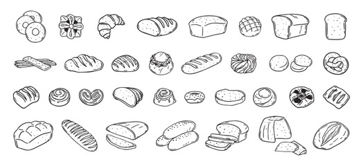Bread different types hand drawn doodle outline icon set. Bread engraving, line art. Wheat products, baked goods, bakery