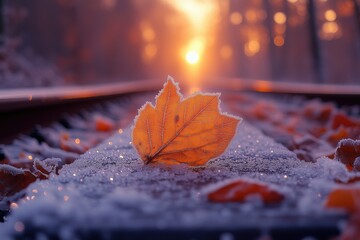 Frostige Schönheit: Gefrorenes Herbstblatt auf Bahnschienen