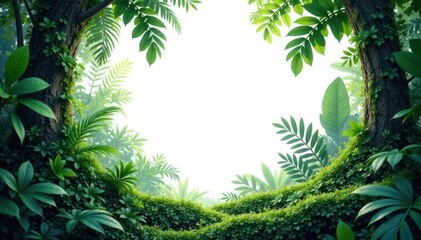 Dense jungle undergrowth against pure white backdrop , foliage, plants, ecology