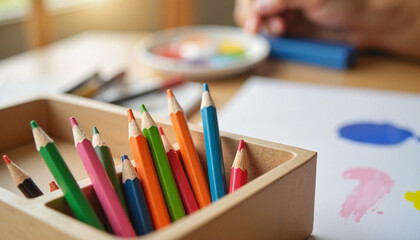 Vibrant colored pencils in art classroom setting, creative expression