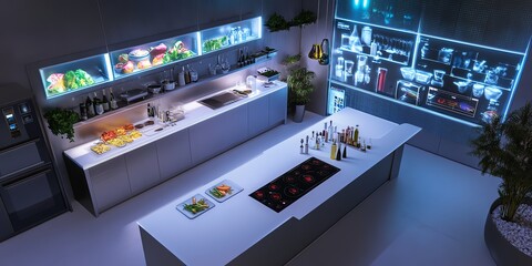 Futuristic smart kitchen with illuminated cabinets, integrated appliances, and interactive digital displays. Modern, sleek design.