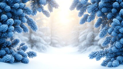 Snow covered pine branches frame winter wonderland scene