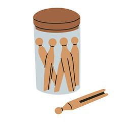 Wooden clothespins in jar vector illustration in flat cartoon style. Minimalist eco friendly laundry accessory for sustainable and zero waste themes. Practical and reusable home decor element