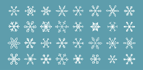 Hand drawn snowflake doodle vector icon collection, winter snow symbol. White snowflakes on a blue background