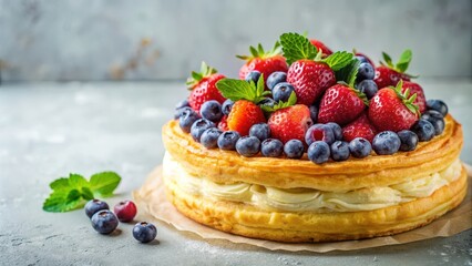 Delicious Creamy Cake Topped with Fresh Strawberries and Blueberries