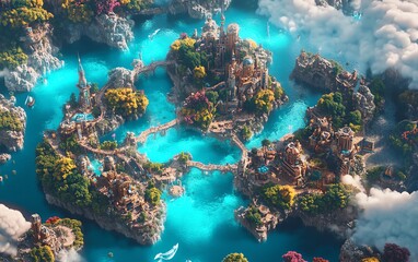 Naklejka premium Aerial view of a breathtaking fantasy island city, nestled amidst turquoise waters and lush greenery. Bridges connect diverse architectural styles, creating a magical realm.