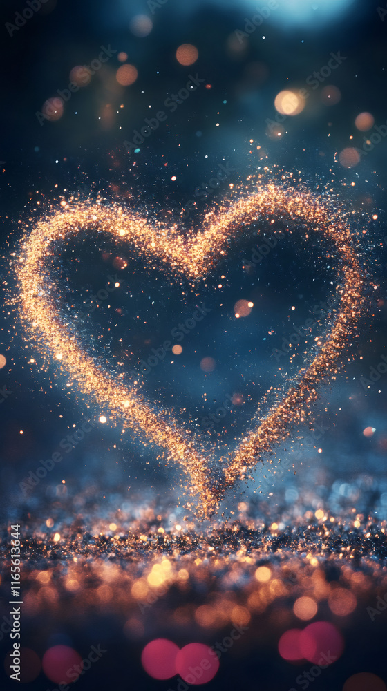 Poster golden particles forming a magical heart shape over a sparkling bokeh background, perfect for valent