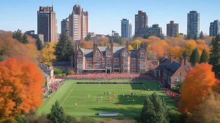 Aerial view of a collegiate rugby match on autumn day.