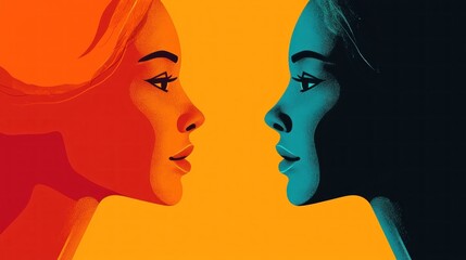 Fototapeta premium Vibrant Profile Silhouettes of Two Women in Contrasting Colors Representing Diversity and Unity in a Modern Artistic Style