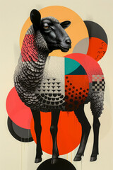A bold illustration of a sheep combined with colorful geometric shapes, blending realism and modern abstract art styles