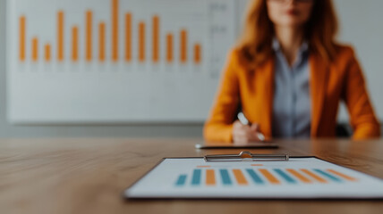 Corporate meeting room with focused woman reviewing financial charts, showcasing professionalism and collaboration