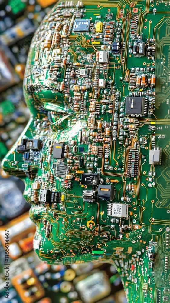 Poster intricate details of a robotic face composed of circuit board elements and electronic components