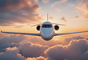 Private luxury jet soared gracefully through vibrant morning sky with wide-angle view of sun-kissed