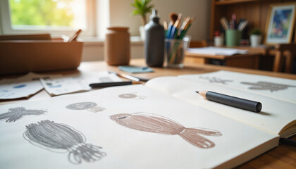 Artist sketchpad displaying unfinished sketches in bright studio, creativity