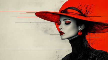 Modern artistic illustration of a woman in a bold red hat, with minimalist design elements and striking black-and-red contrasts