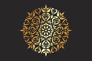 Gold Flower art mandala pattern design, floral decorative element. Wallpaper Paint Stencil Design Textures. Luxury circle ornament in ethnic oriental style, vector isolated on black background