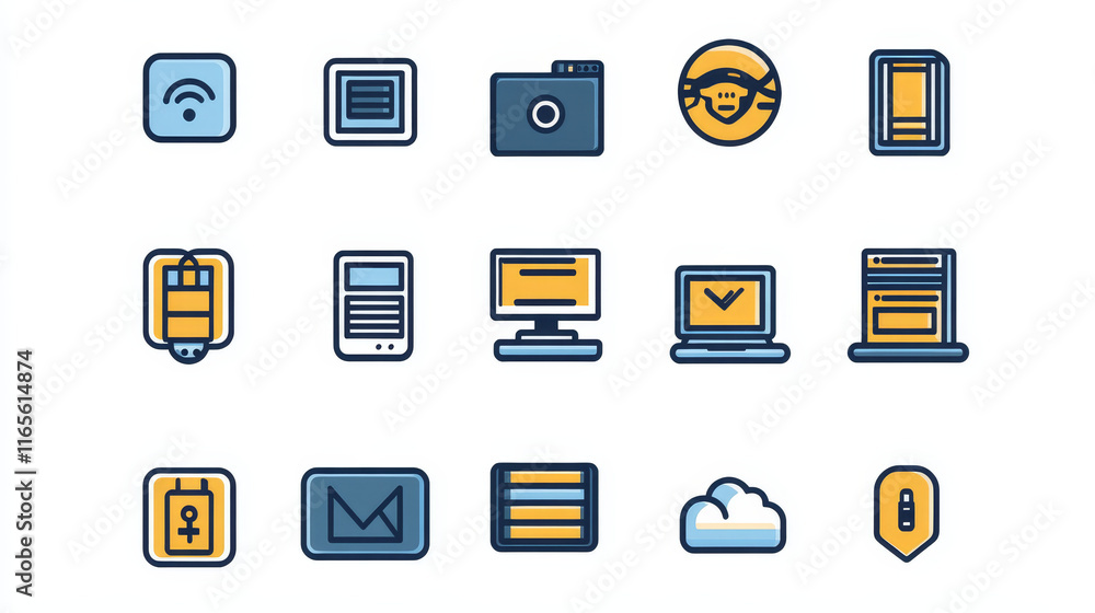 Poster internet security, data storage and hacker attack protection vector icons set. information privacy, 