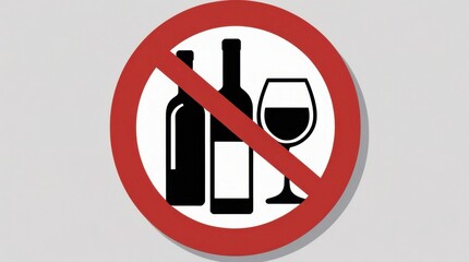 A red prohibition circle with a diagonal slash over a black wine glass and bottle icon, symbolizing "no alcohol," set against a clean white background. Perfect for conveying alcohol-free zones or rest