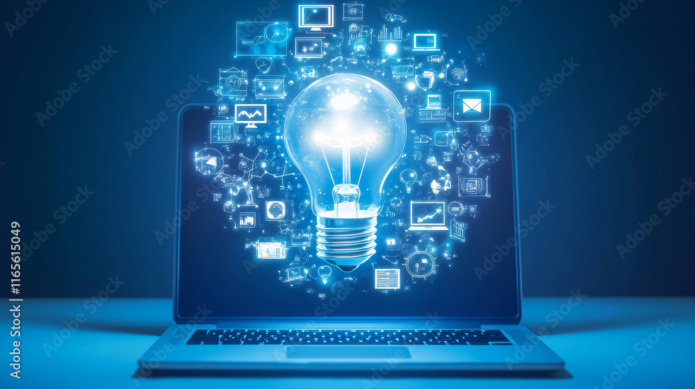 Poster web education or e-learning concept with laptop computer and light bulb surrounded by a variety of i