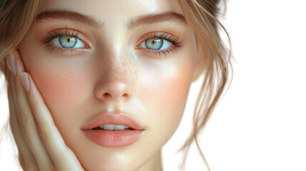 close up portrait of a woman on white background