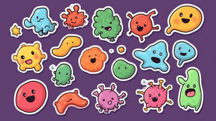 Bacteria, virus and germ stickers pack of cartoon microbe monsters characters. Vector funny color virus cells, germs, infectious disease bacterias and gut flora microorganisms personages stickers