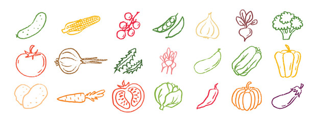 Vegetables icons chalk hand drawn doodle set. Drawing crayon vegetables 