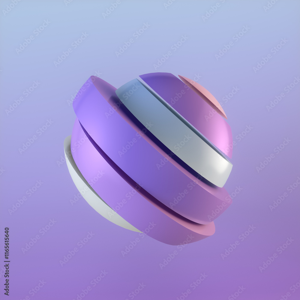 Leinwandbilder Digital illustration of an abstract three-dimensional sphere with multi-colored layers. Bright neon hues contrast with a minimalist purple-blue background, creating a luminous effect. 3d rendering