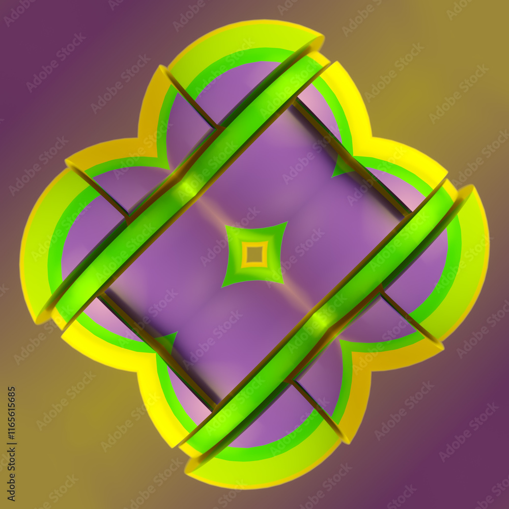 Aufkleber Illustration of a three-dimensional abstract shape in the form of an object made of multicolored segments of yellow, green and purple shades. 3d rendering