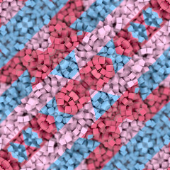 Digital illustration featuring a geometric pattern of many small three-dimensional cubes. The color palette consists of shades of pink, blue and white. 3d rendering