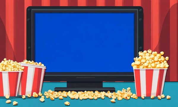 A cozy movie night setup with popcorn and a blank screen.