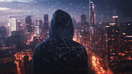 Hacker are planning to hack and attack networks and cyber security systems. Smart Innovation city with connection future wireless digital city and social media networking over the cityscape.