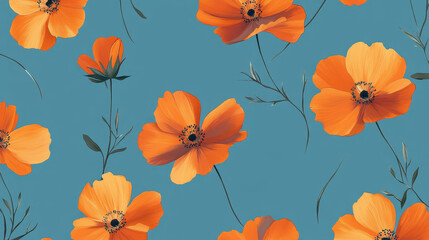 Orange fleur-de-lis seamless pattern on blue background. For wallpaper or textile design usage