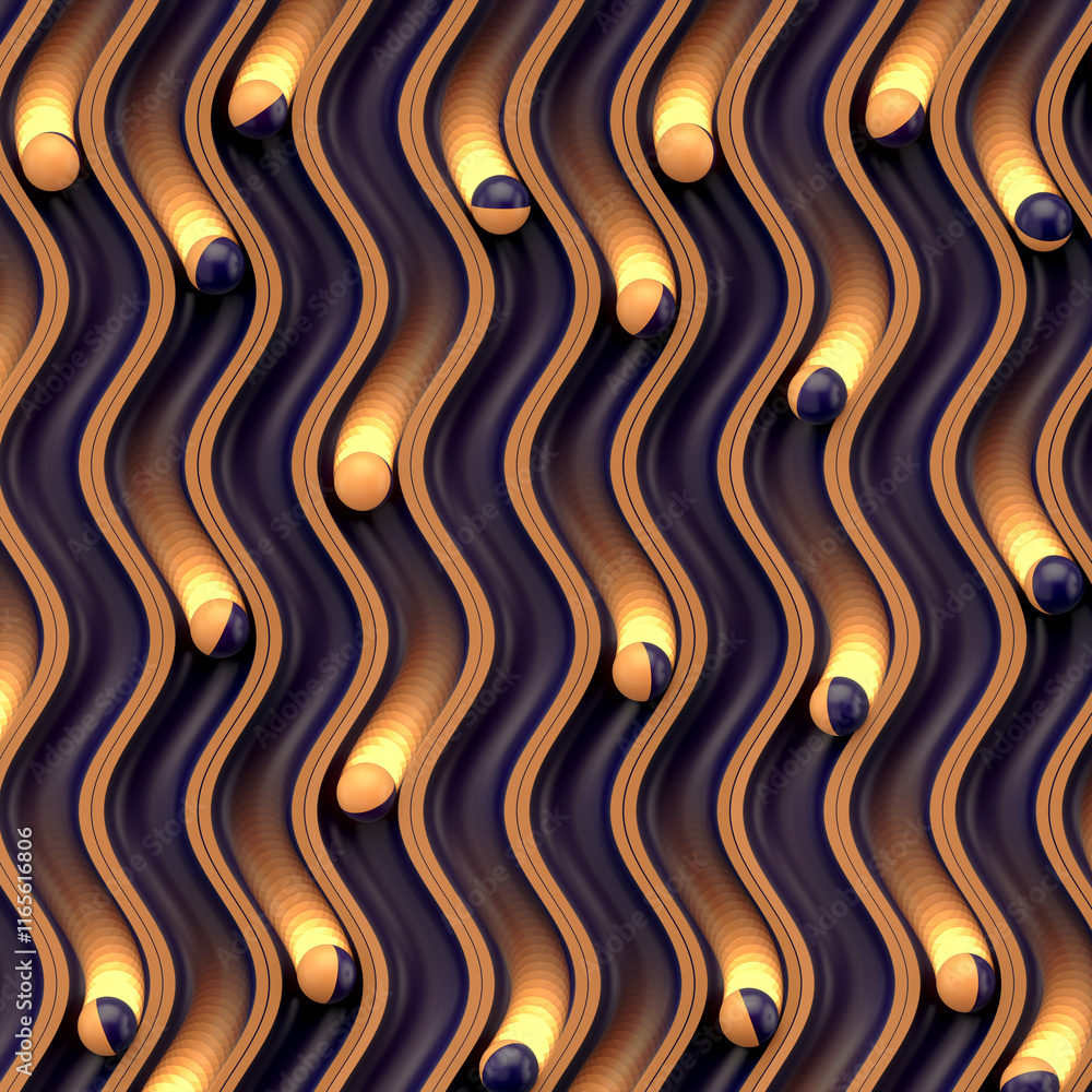 Poster background with small balls on winding grooves leaving a bright burning yellow trail. 3d rendering i