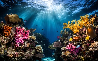 Obraz premium Vibrant underwater scene showcasing a colorful coral reef bathed in sunlight. Fish swim amidst diverse coral formations.