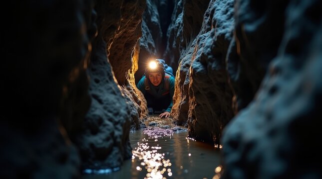 A young woman spelunker crawls through a narrow, dark, and wet cave passage. Her headlamp illuminates the way, creating a dramatic contrast of light and shadow.
