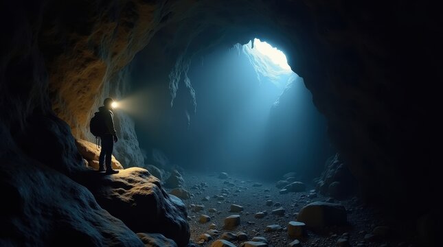 A lone figure explores the depths of a dark cave, their headlamp illuminating the path ahead. The ethereal blue light at the cave's mouth offers a glimpse of the outside world.