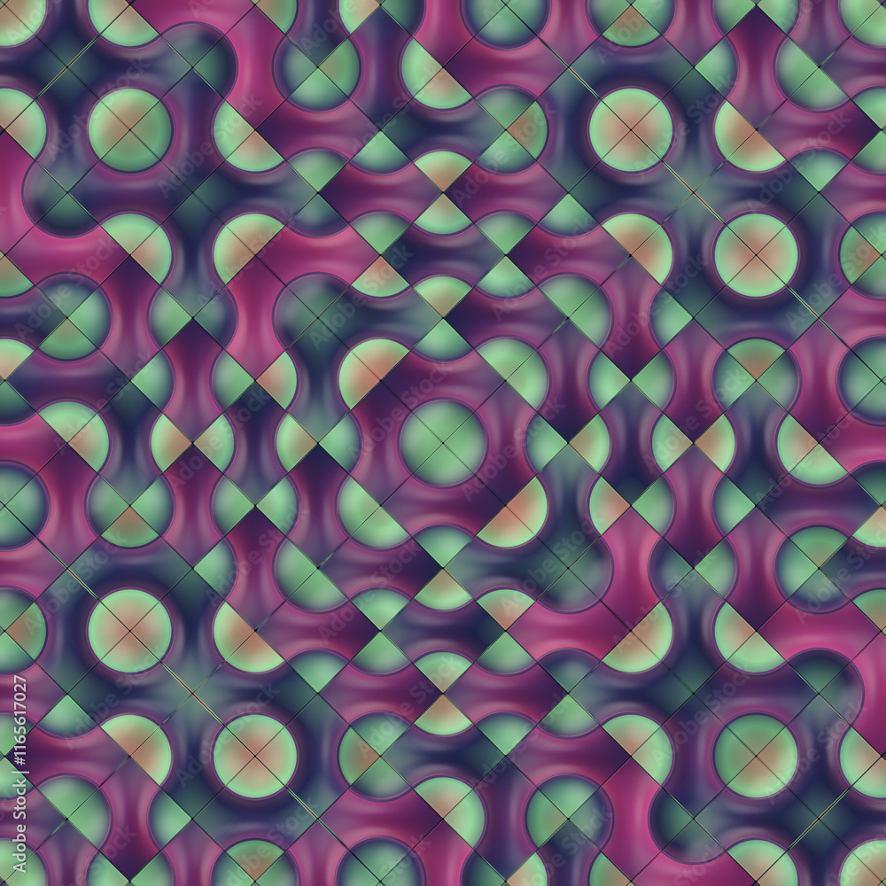 Poster Symmetrical pattern of light colored tiles with wavy lines and circles. Abstract background for creating wallpapers for computers and mobile devices in modern style. 3d rendering digital illustration