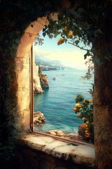 Beautiful view of the mediterranean coast framed by an old stone window with yellow flowers and climbing plants, vertical