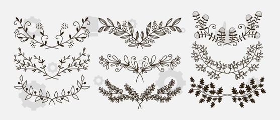 collection of hand-sketched elements - florals, calligraphic elements, arrows, ampersands and catchwords, bursting rays, wreaths and much more